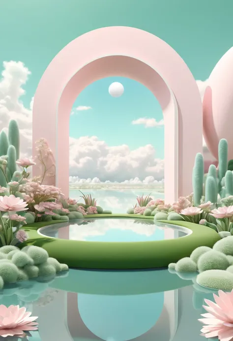 A pale pink green flower surrounded by clouds and ponds, with a surreal 3D landscape style, oval entrance, soft color landscape，Blue sky, clear, bright, presented in the film 4D, mobile and organic, pastoral, surreal element ，in the style of rendered in ci...