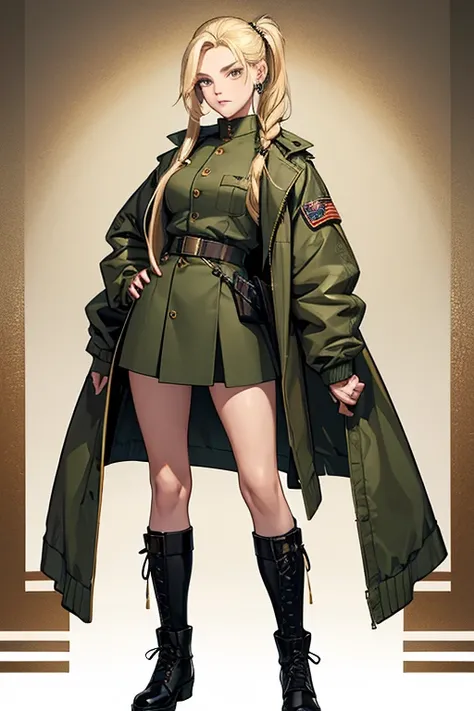 20th generation women,baby-faced woman,long blonde hair,one tied hairstyle,ear piercing,military short jacket,muscular,full body portrait