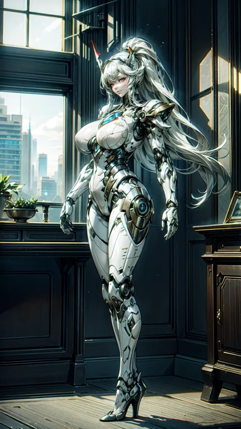 A beautiful mechanical girl，futuristic style，cyberpunk，Science fiction works，Beauty，tall，Perfect mechanical body，Intricate white mechanical bodysuit，sense of the future，science fiction style，（Black mechanical body：1.3），black manipulator臂，black manipulator，...