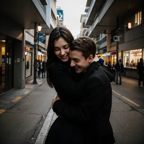 Ultra relistic photo of two people hugging each other happily