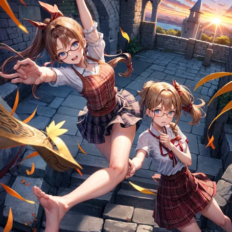 reddish-brown blonde、blue hair、blue eyes、ponytail、Braid、one good looking girl、solo、anime、Plaid miniskirt、camisole、black t-shirt、Tilting your face、Doing the ribbon、Ribbon at waist、sunset sky、stone stairs、tunnel、Fallen leaves、wearing glasses、Light and shadow...