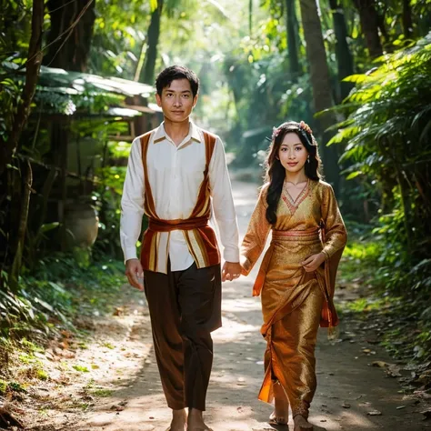 a handsome man and a beautiful woman with Javanese traditions in a small village in the forest