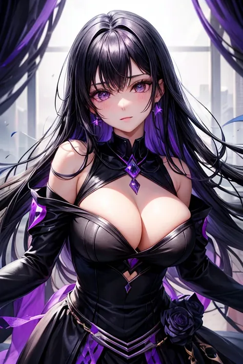 a women with black and purple cloth cold beauty  with black hair volet eyes and cute with perfect near Nexus with star with cute face shown the beautifull view all in anime 