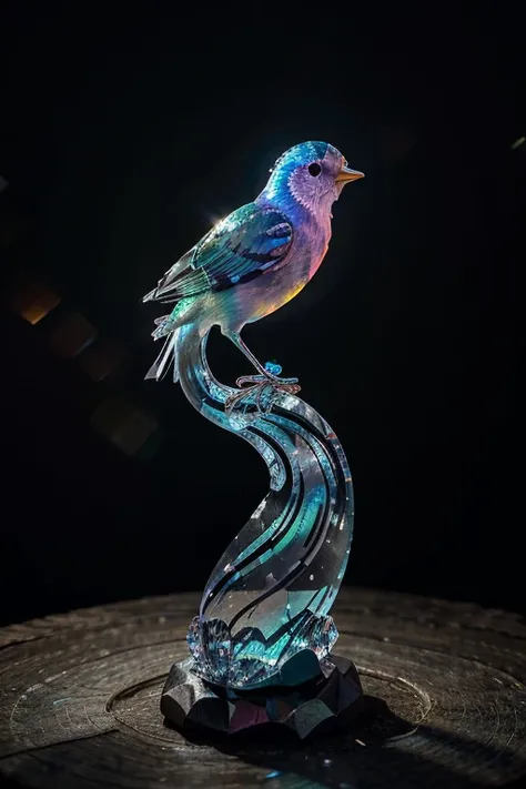 Highly detailed shot of an (((iridescence))) crystal sculpture in the shape of a European robin on a crystal tree branch, often associated with the arrival of spring. In folklore, the robin is sometimes depicted as a symbol of good luck or as a harbinger o...