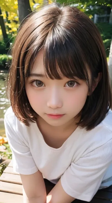 (((masterpiece))), highest quality, very detailed, detailed background, 
bird&#39;s eye view, 18mm Wide Lens, long shot, Quiet lakeside bench in the forest, sitting, Very beautiful girl in the distance, Japanese, 12,  detailed face, bangs, (whole body:1.3)...