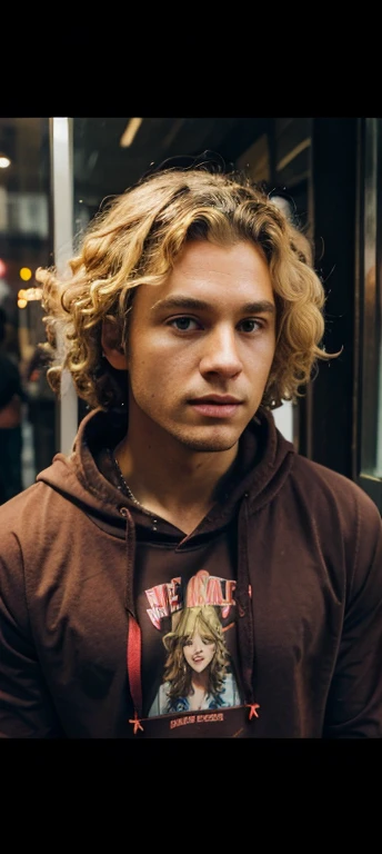 Man. Dirty blonde curly hair. Coral hoodie. Sweet. Masculine