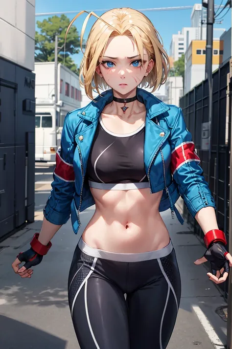 masterpiece, highest quality, High resolution, 1 girl, cammy white, short hair, antenna hair, blue eyes, Scar on left cheek, black choker, clavicle, blue jacket, cropped jacket, open jacket, play sports often, abdomen, fingerless gloves, black gloves, blac...