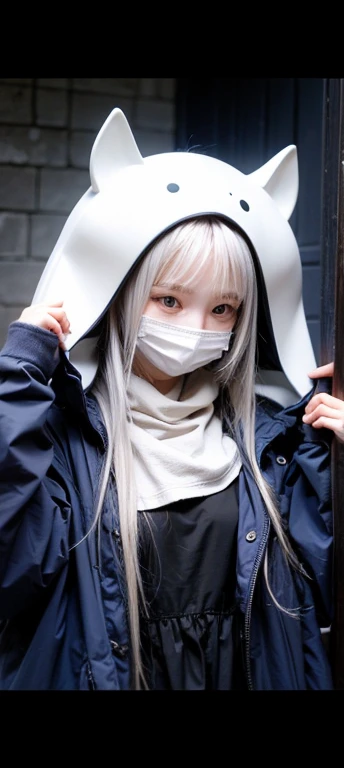 Girl. Baggy clothes. Mask. Pale silver hair. Shy. Anxious. 