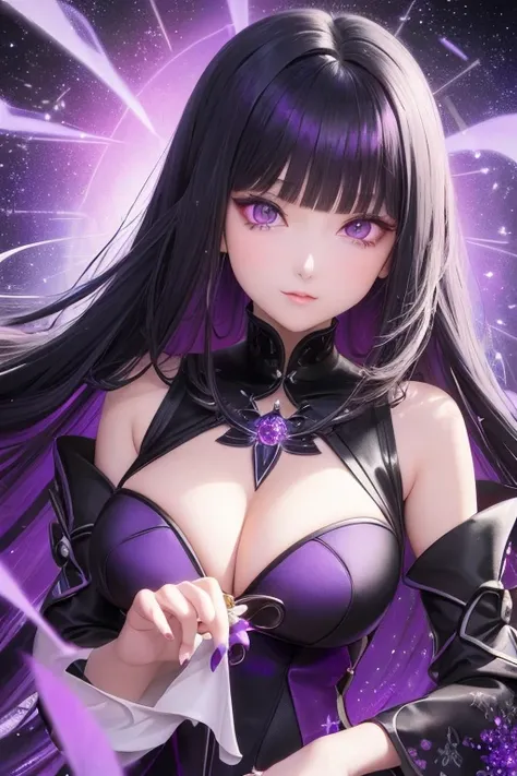 An anime woman radiates ethereal beauty in her black and purple ensemble, her raven hair cascading down her shoulders, framing her expressive violet eyes. Her face is delicately cute, yet boasts a regal air as she gazes intently towards the stars, near the...