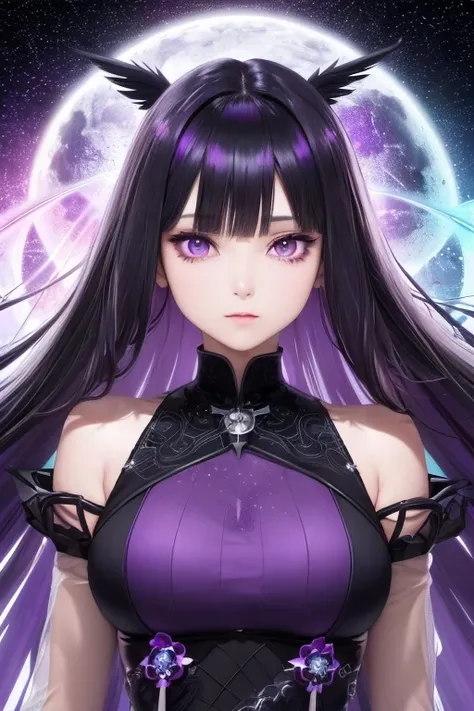 An anime woman radiates ethereal beauty in her black and purple ensemble, her raven hair cascading down her shoulders, framing her expressive violet eyes. Her face is delicately cute, yet boasts a regal air as she gazes intently towards the stars, near the...