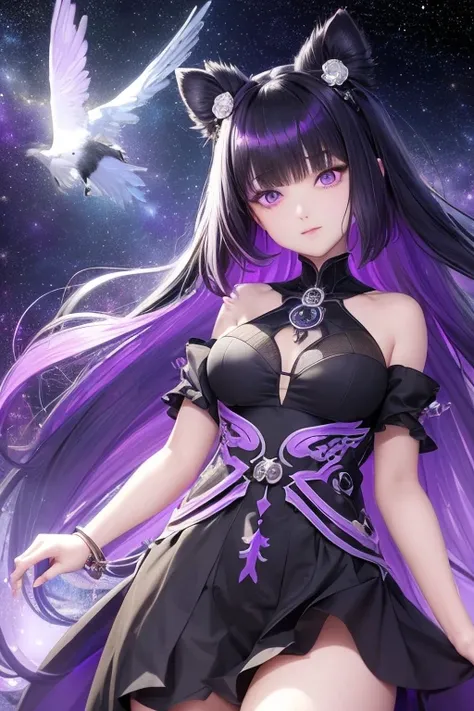 An anime woman radiates ethereal beauty in her black and purple ensemble, her raven hair cascading down her shoulders, framing her expressive violet eyes. Her face is delicately cute, yet boasts a regal air as she gazes intently towards the stars, near the...