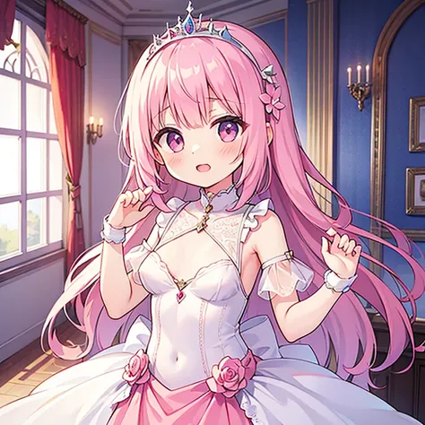 high quality,high resolution,Princess,pink hair,Sheer dresses,See-through,Small tiara,Ornate decoration,cute face,Castle,show nipples,small breasts,Pussy