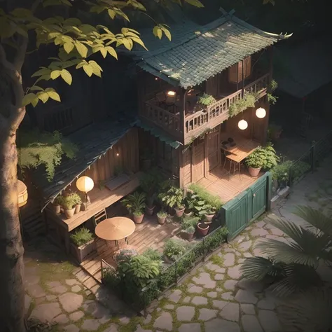 Cafes,There is a courtyard with tables and chairs and a door, do nghệ thuật cao cấp của nhà bảo vệ Environment, Relaxation concept art, lấy cảm hứng từ nghệ thuật cao cấp của nhà Environment, Beautiful 3D concept art, nghệ thuật về Environment; Environment...