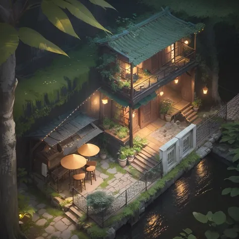 Cafes,There is a courtyard with tables and chairs and a door, do nghệ thuật cao cấp của nhà bảo vệ Environment, Relaxation concept art, lấy cảm hứng từ nghệ thuật cao cấp của nhà Environment, Beautiful 3D concept art, nghệ thuật về Environment; Environment...