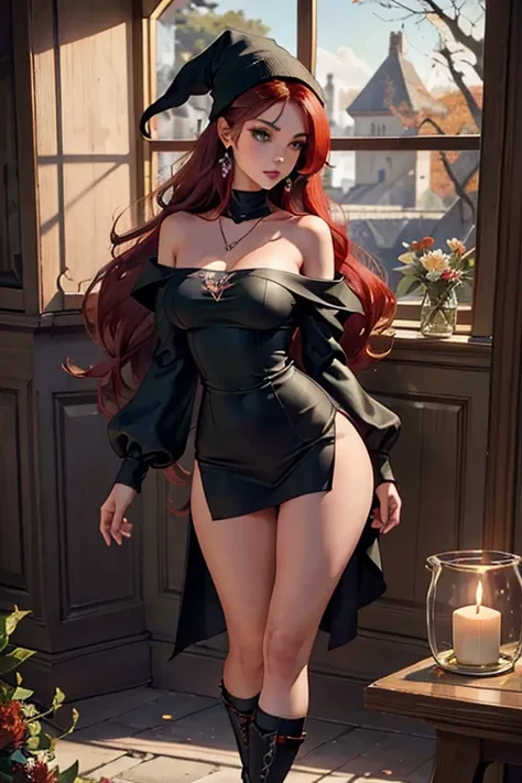 Gorgeous artsy punk goth woman, full body view, a witch, dynamic pose, very-long flowing voluminous messy bright natural red hair with incredible detail and texture down to her hips, in a cropped off shoulder sweater dress loose draped on arms, and knit ha...