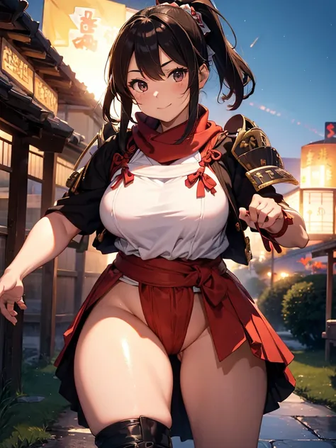 Ultra Best Quality, Ultra High Res, Ultra Detailed, anime style ,cartoon, best quality, 1girl, samurai girl, looking back, looking at viewer, cowboy shot, solo, brown hair, hair, ponytail, long hair, topknot, baby face, cute smile, red scarf, white colored...