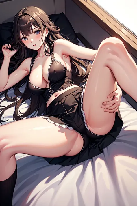 (SFW:1.5), Lying, bed, Open crotch, Dettol, Spread legs, show armpit, Downge-out, (masterpiece), can wear skirt or shorts, long stockings or pantyhose, large breasts, clothed,