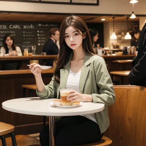 beautiful real girl, british, in the cafe, crowded cafe, wearing jacket