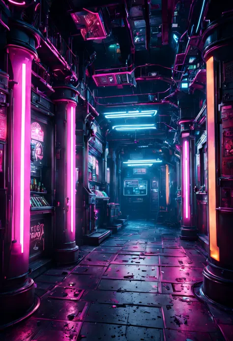 (Underground Places), cyber pank, bar, unreal engine render, high quality render, deep focus, light particles, glow light, masterpiece, best quality, high resolution, absurdres
