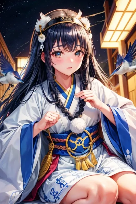 queen of the ainu、cute、Ainu pattern clothes、white and blue clothes、Ainu pattern、has a spear、Ainu art、Clean your eyes、Fingers correctly、night view、bird falcon、eyes are long、Don&#39;Avoid redness around the eyes。