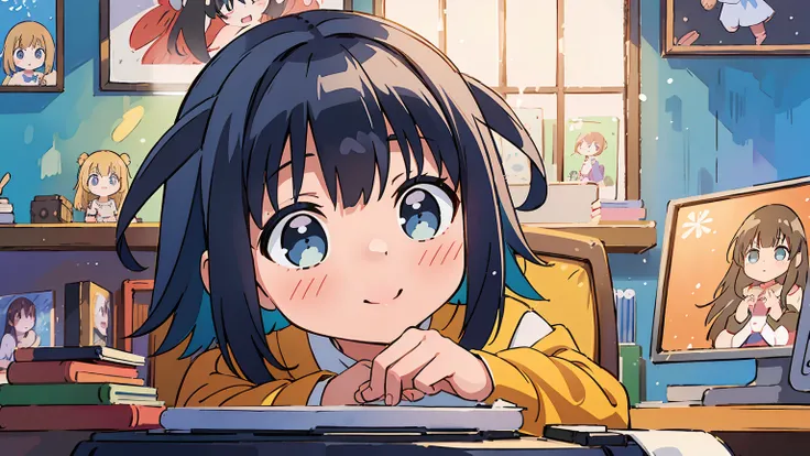 1 girl, Konoha Akisato, playing games, playing bishojo games, beautiful detailed eyes, colorful hair, cute smile, wearing a school uniform, sitting on a comfortable chair, surrounded by posters of anime characters, holding a game controller tightly, with a...