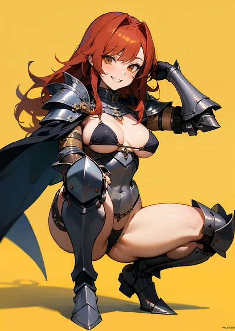 Masterpiece, best quality, full hd 8k, highly detailed, picture perfect, solo, 1 woman, mature, medium breasts, golden eyes, long red hair, mischievous look, mischievous smile, sharp teeth, knight, squatting, legs apart , full body, revealing clothing, mic...