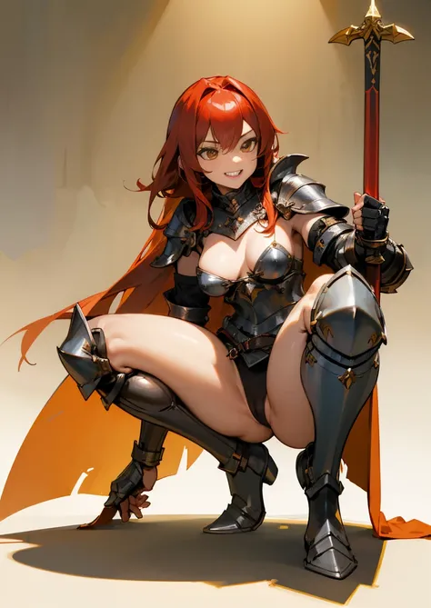 Masterpiece, best quality, full hd 8k, highly detailed, picture perfect, solo, 1 woman, mature, medium breasts, golden eyes, long red hair, mischievous look, mischievous smile, sharp teeth, knight, squatting, legs apart , full body, revealing clothing, mic...