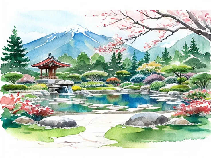 Beautiful Japanese garden,in winter scenery,watercolor painting.