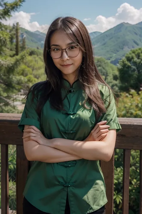 pretty cute chinese woman, brunette, green eyes, mid-length hair, small glasses, clear amber shirt, mountainous background, facing camera, smilling, crossed arms, zomm ++