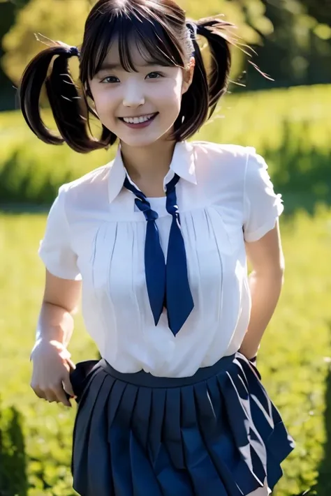 ((white short sleeve blouse、ultra mini pleated skirt、dark blue)), ((red tie))、 ((black boots))、((whole body esbion))、((side shot))、((、small and flat chest))、Beautiful girl with realistic black eyes, white skin, medium length black hair, perfect face, perfe...