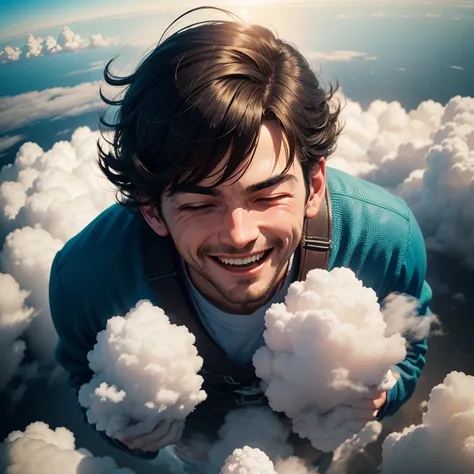 Man looking down from above the clouds and laughing 