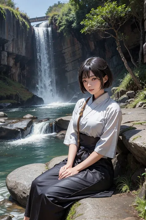 The world of heroic fantasy. Japanese female minstrel around 20 years old。short hair in camel color。Because it&#39;s hot and humid、Wear thin clothes。I&#39;m sweating too。I&#39;m sitting on a rock near the waterfall&#39;s spray.。A huge gray fox snuggles up。...