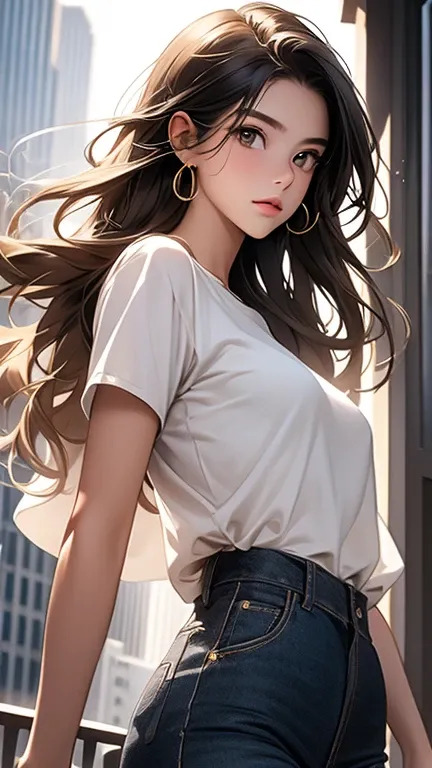 masterpiece, best quality, ultra-detailed),(1 young girl), 15 years old, dark gold eyes, long brown hair with a few strands on both sides of her face, white skinned, dynamic angle, dynamic pose, standing, natural lighting, floating, (colored top:1.2|black ...