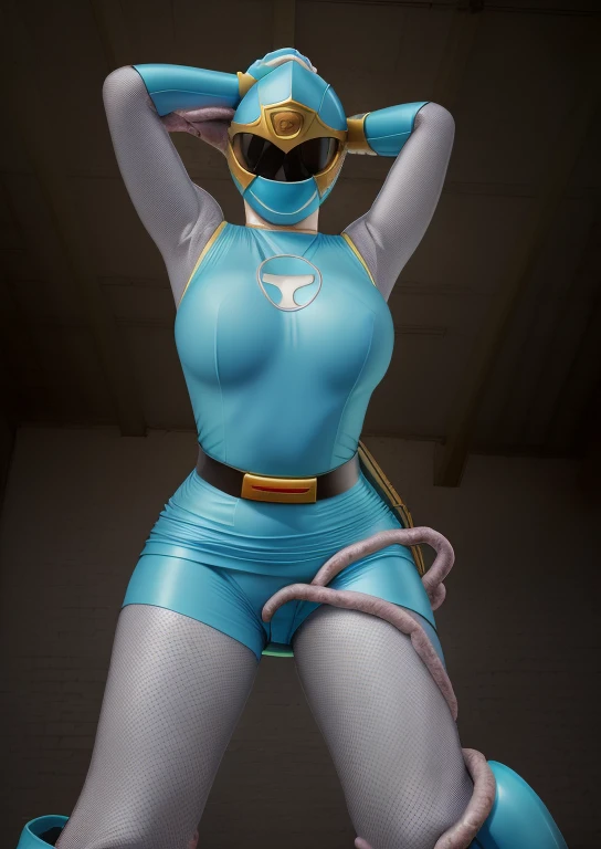 (best quality, masterpiece, RAW photo,ultra-detailed:1.2), 1girl, solo, looking at viewer, ((Hurricane Blue outfit, belt, gloves, helmet, blue spandex vest, sunglasses, blue boots, blue skirt, gray leggings, white gloves)),( with a large breasts 4.4, Saggy...