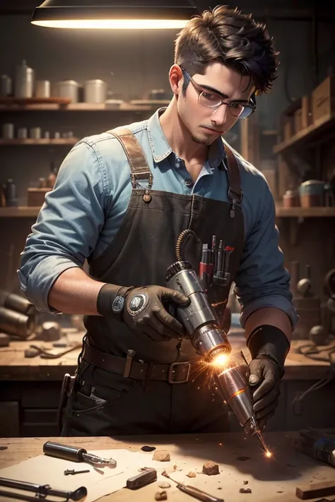 Absurd resolution, high resolution, (masterpiece: 1.4), hyper-detail, young man messy black short hair glasses welder dressed up, very technological robotic arm workbench