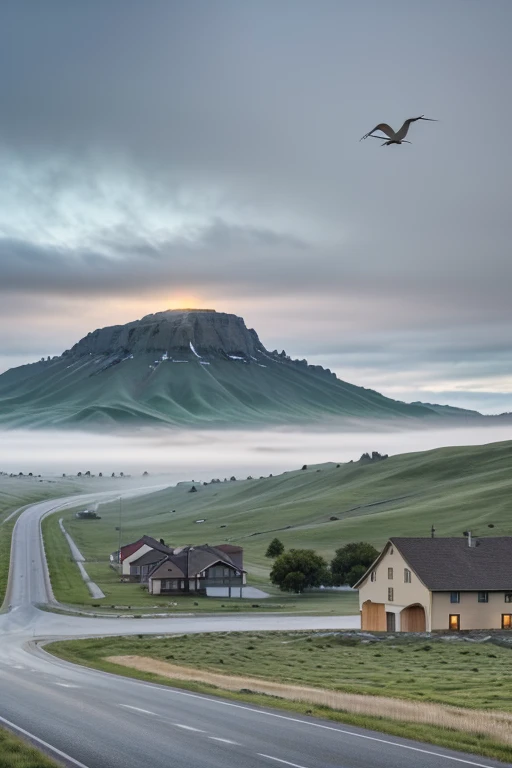 Best quality, masterpiece, super high resolution, (realism: 1.4), oil painting style, film lighting, endless grassland dotted with a few homes, I stood on the empty asphalt road and looked at it, the fairy mountains were foggy, and the cranes were flying