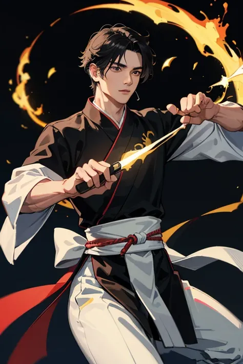 20th generation men,muscular,black hair,martial arts,kung fu,black clothing