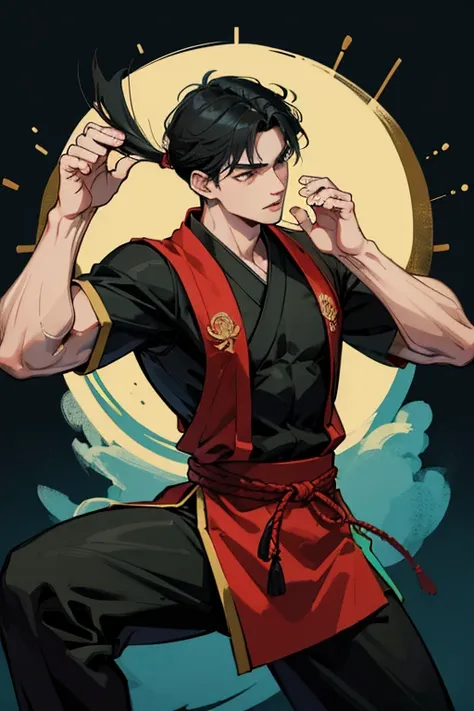 20th generation men,muscular,black hair,martial arts,ka kongfu clothes,black clothing