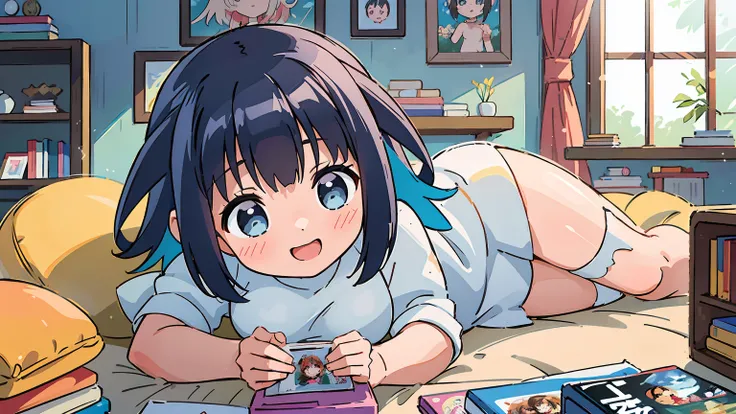 1 girl, Konoha Akisato, playing games, playing bishojo games, beautiful detailed eyes, colorful hair, cute smile, naked, nude, medium breasts, medium tits, without clothes, lying on a comfortable bed, surrounded by posters of anime characters, holding a co...