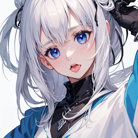 (masterpiece), best quality, expressive eyes, perfect face, stick tongue out, white hair, blue eyes, girl