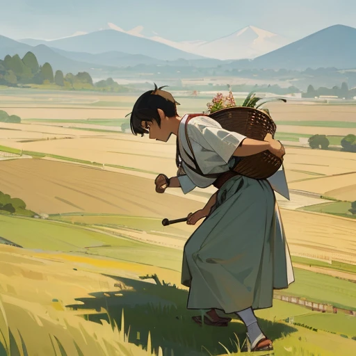  High resolution, Super detailed, masterpiece, highest quality,oriental、old japanese clothes、boy working in the field、grassland、basket on the back、