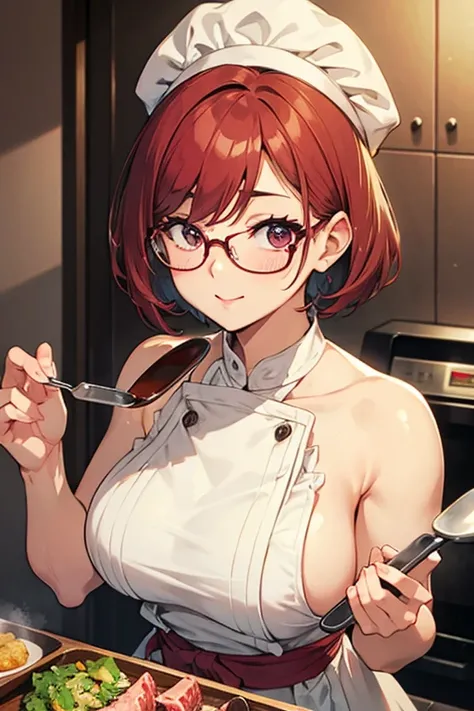 Beauty、Upper body、Cooking、short hair、meaty、Glamour、Glasses、chef