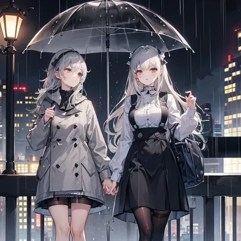 ,twins,gray hair,stockings,mature woman,rain,City of night