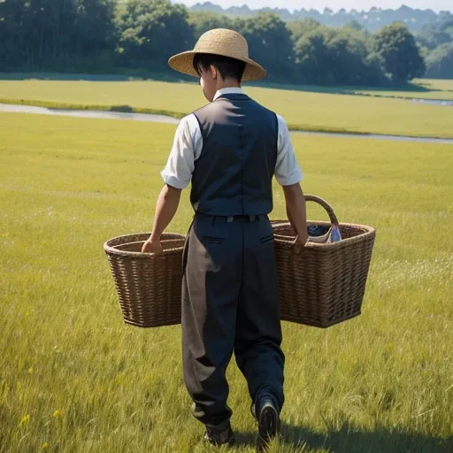  High resolution, Super detailed, masterpiece, highest quality,oriental、Thrift、boy working in the field、grassland、back basket、