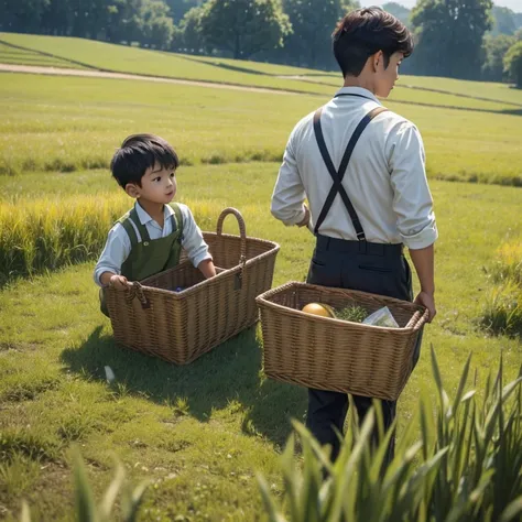  High resolution, Super detailed, masterpiece, highest quality,oriental、Thrift、boy working in the field、grassland、back basket、