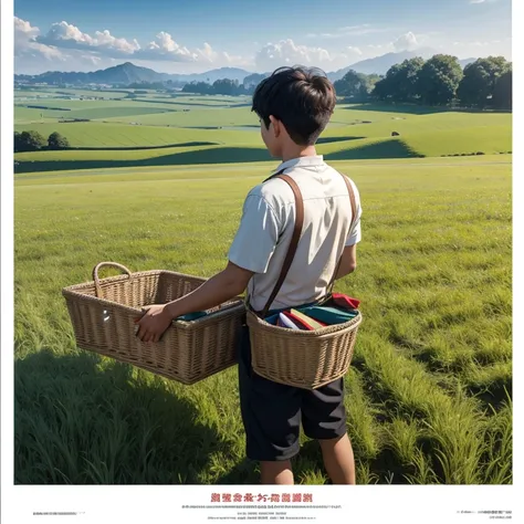  High resolution, Super detailed, masterpiece, highest quality,oriental、Thrift、boy working in the field、grassland、back basket、