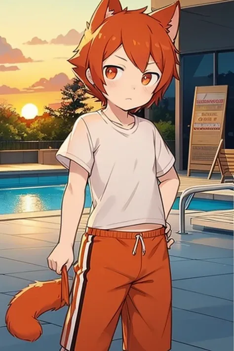 An orange male cat，red eyes，Erect pupils，Swimming pants，White short sleeves，Orange cat ears，Great view at sunset，（超精细of画面效果），（masterpiece），（Ultra-detailed character portrayal），short hair，（（（of））），By the pool，Wear swimming goggles