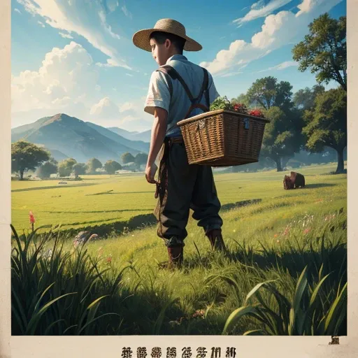  High resolution, Super detailed, masterpiece, highest quality,oriental、Thrift、boy working in the field、grassland、back basket、game poster