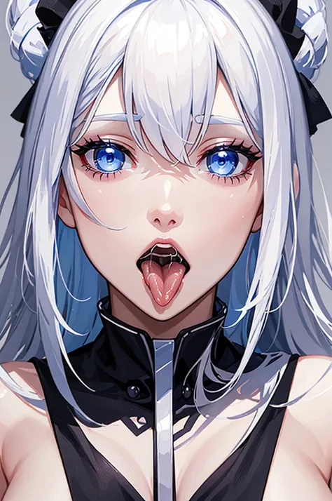 white hair, blue eyes, stick tongue out and cum in her mouth, face close up image