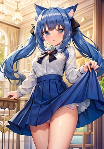 young girl　blue hair　Cat ear　twin tails　ribbon　blue skirt　wink